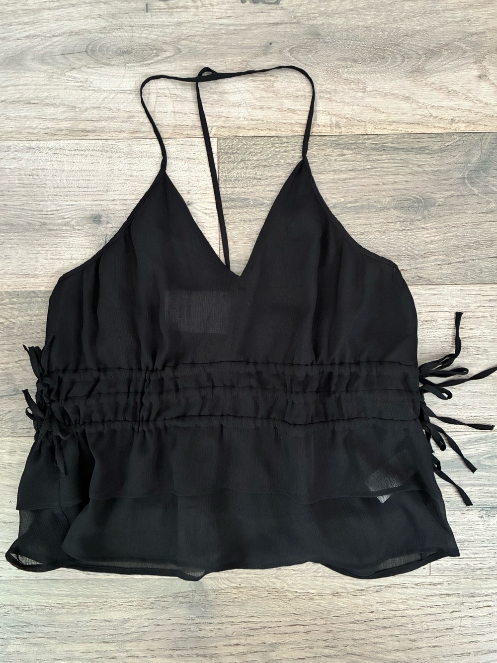 H&M Black V-Neck Tie-Back Ruffled Waist Cami